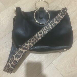 Leopard Strap Black Handbag